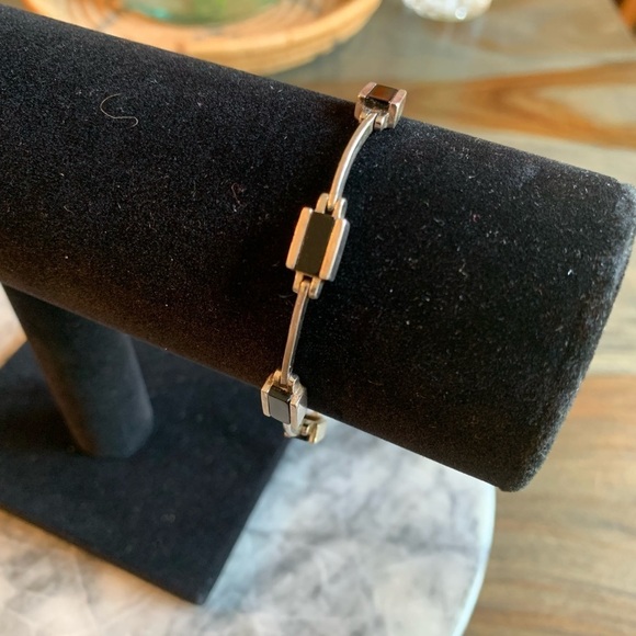 Sterling Silver Bracelet Black Stone Rectangles Link Stamped 925 A1 Artist Vtg - Picture 9 of 10